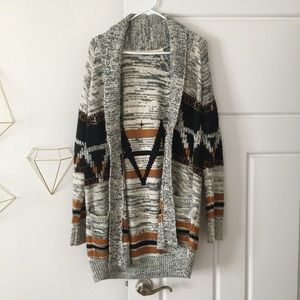 Oversized Long Casual Patterned Sweater, Neutral Fall Cozy Cardigan, Size Large
